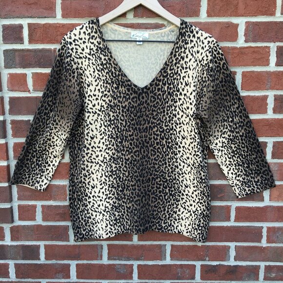 Kim Rogers Petite Knit Top Large Vneck Leopard Animal Print Mobwife Classic - Picture 1 of 8